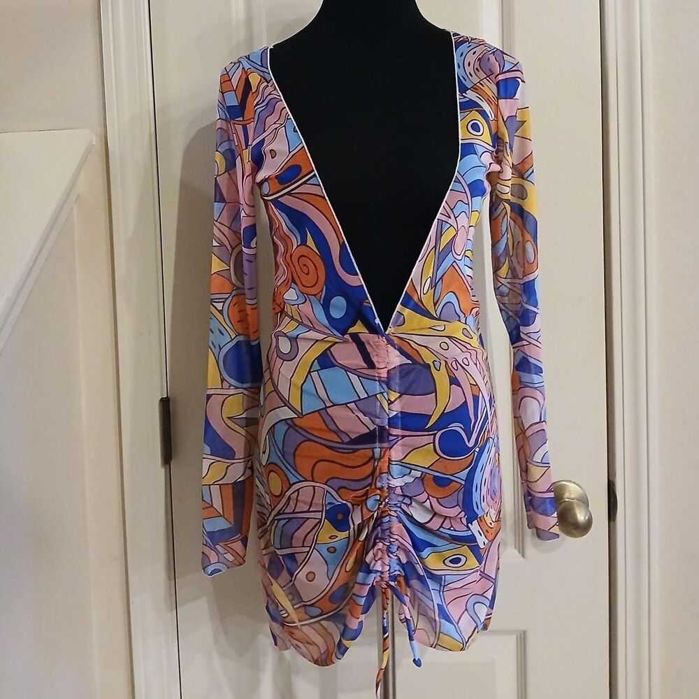 Sheer Mesh Swimsuit Bathing Suit Cover Up Retro Hippie Boho abstract pattern L